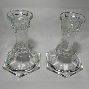 Vintage F.T.D.A. 4” Glass Candlestick Holders W/ Hexagonal Base - Set Of 2